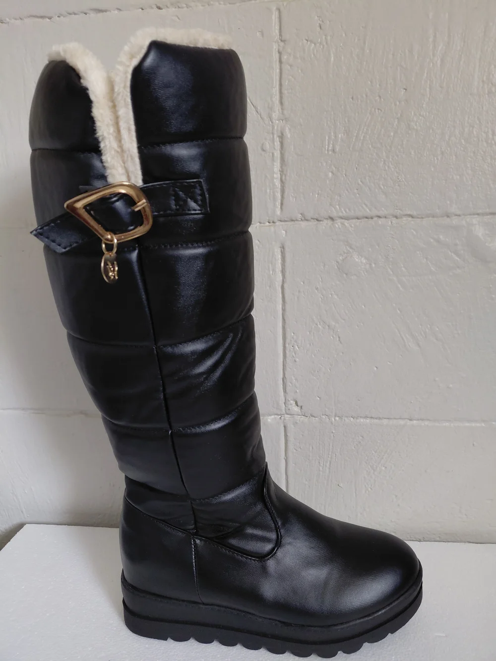 Women's Black Quilted Faux-Leather Tall Winter Boots with Faux-Fur Lining
